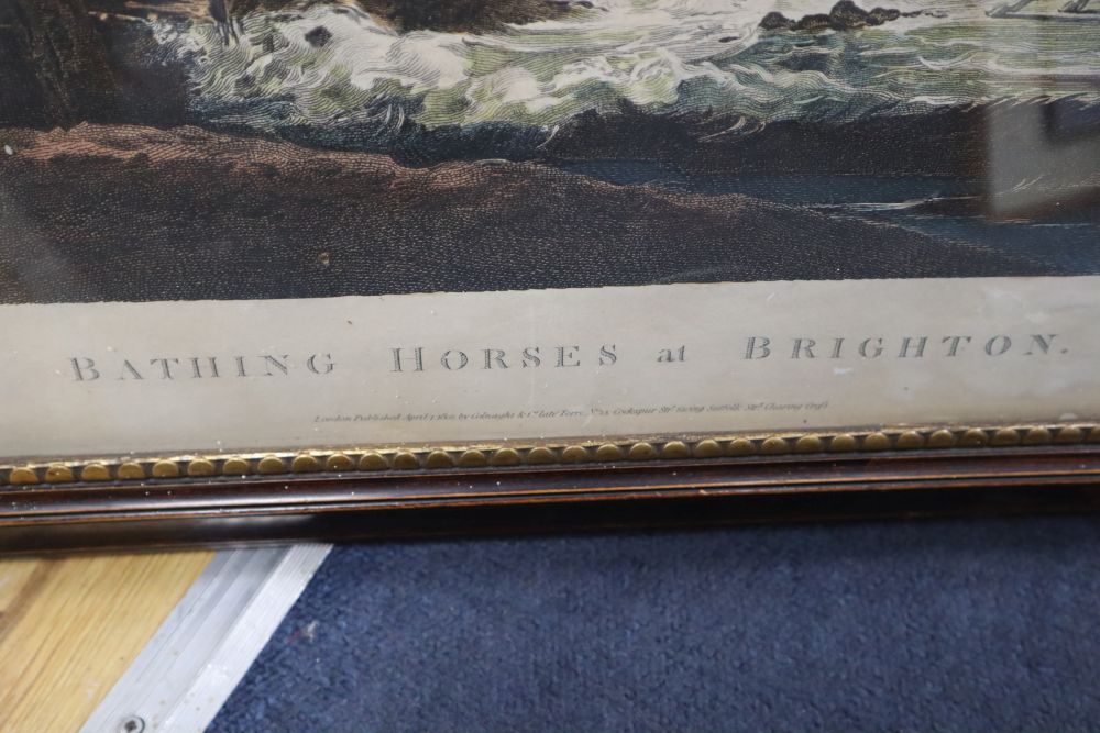 Ogborne after Bourgeois, coloured engraving, Bathing Horses at Brighton, overall 48 x 70cm